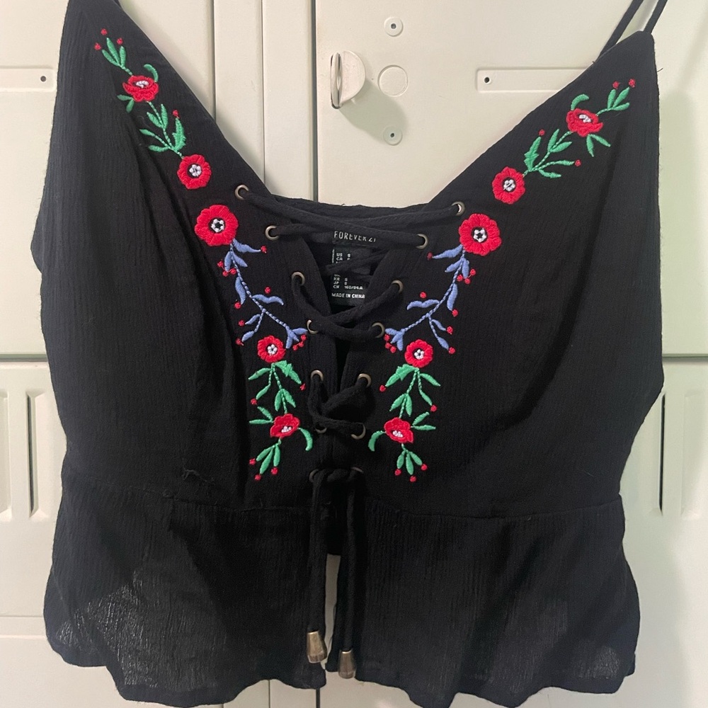 Gauzy lace up floral embroidered top